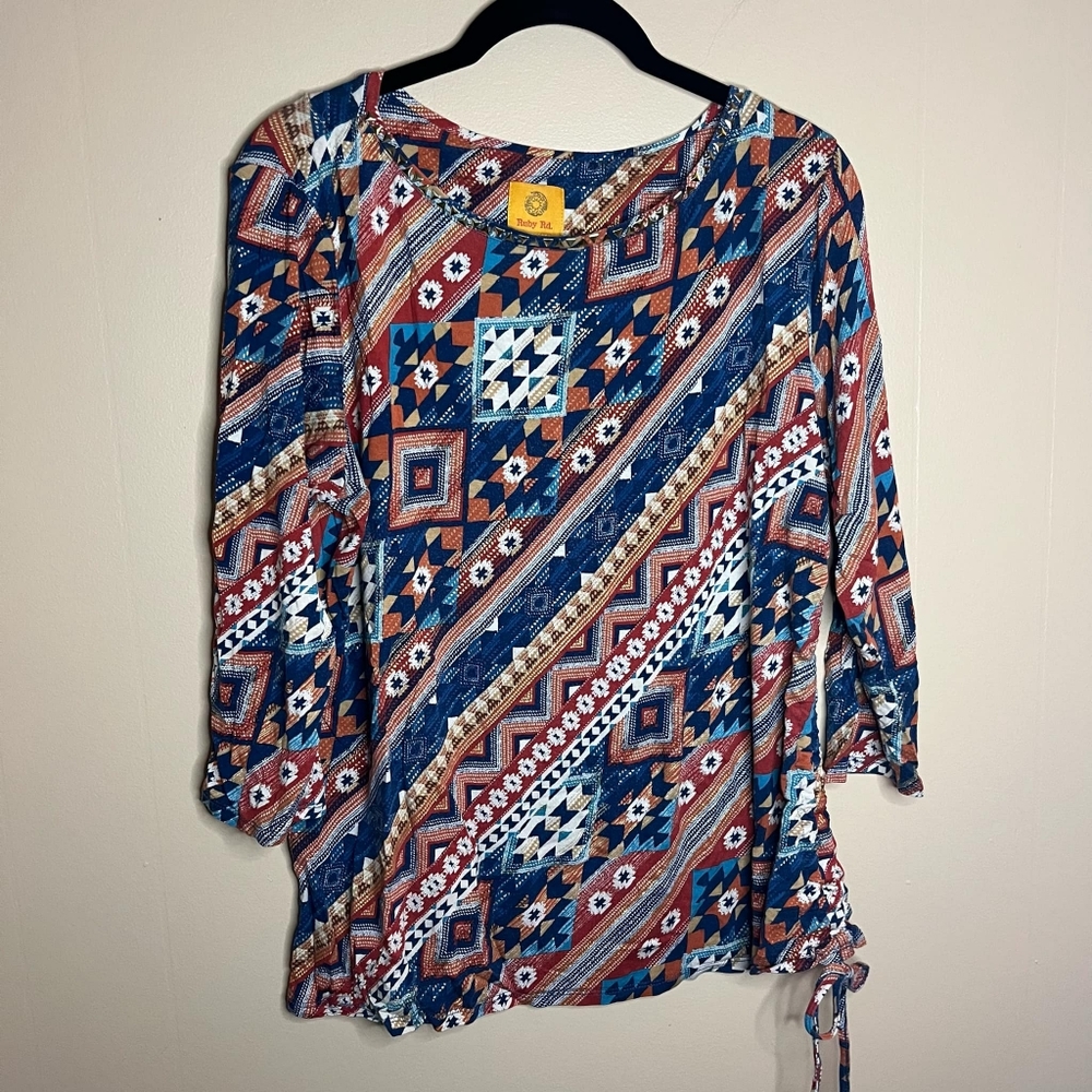 Ruby Rd. Large Boho Southwestern Studded Collar 3/4 Sleeve Blouse